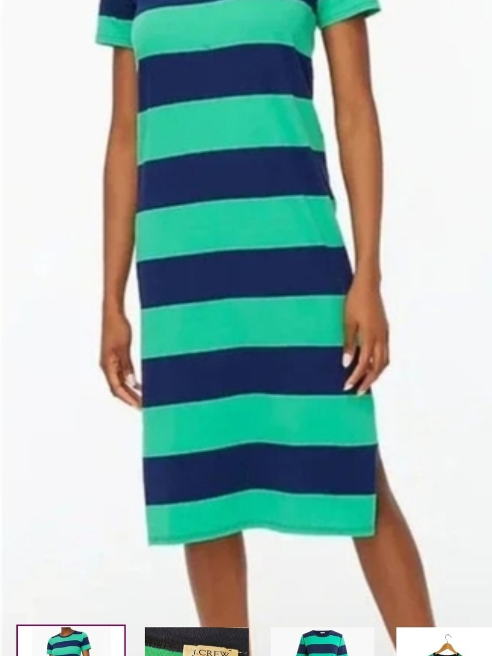J. Crew Teal and Navy Wide-Stripe Short-Sleeve Midi Dress